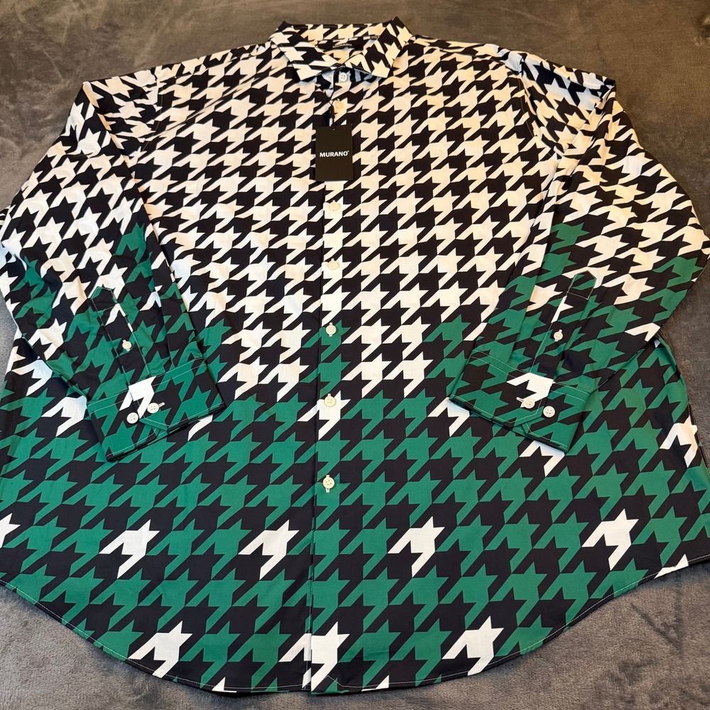 Murano Button Up Shirt Mens 3XB Black Green Houndstooth Long Sleeve Cotton NWT - Picture 3 of 10